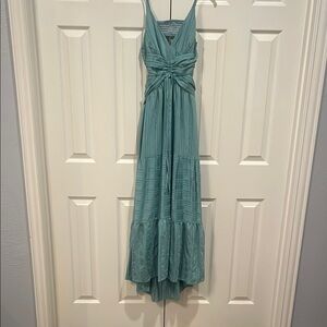 Green Tiered Maxi Sundress with Spaghetti Straps and Open Back